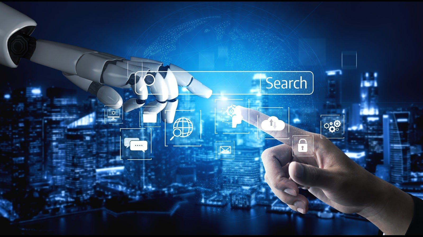 Can you trust AI for SEO? Human hand reaching out to robot hand